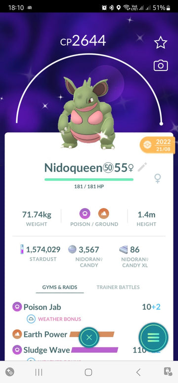 Shiny Nidoqueen ( Maxed Out To Level 50 ) ( Two Charged Moves ) Pokemon Trade Go
