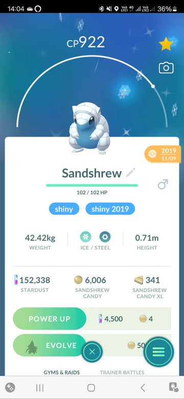 Shiny Alolan Sandshrew ( Caught In 2019 ) Pokemon Trade Go