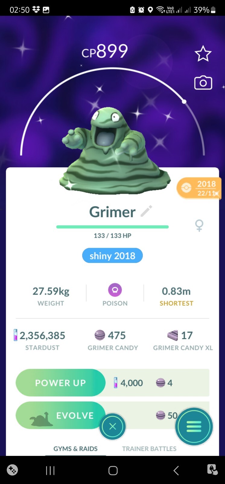 Shiny Grimer ( Caught In 2018 ) Pokemon Trade Go